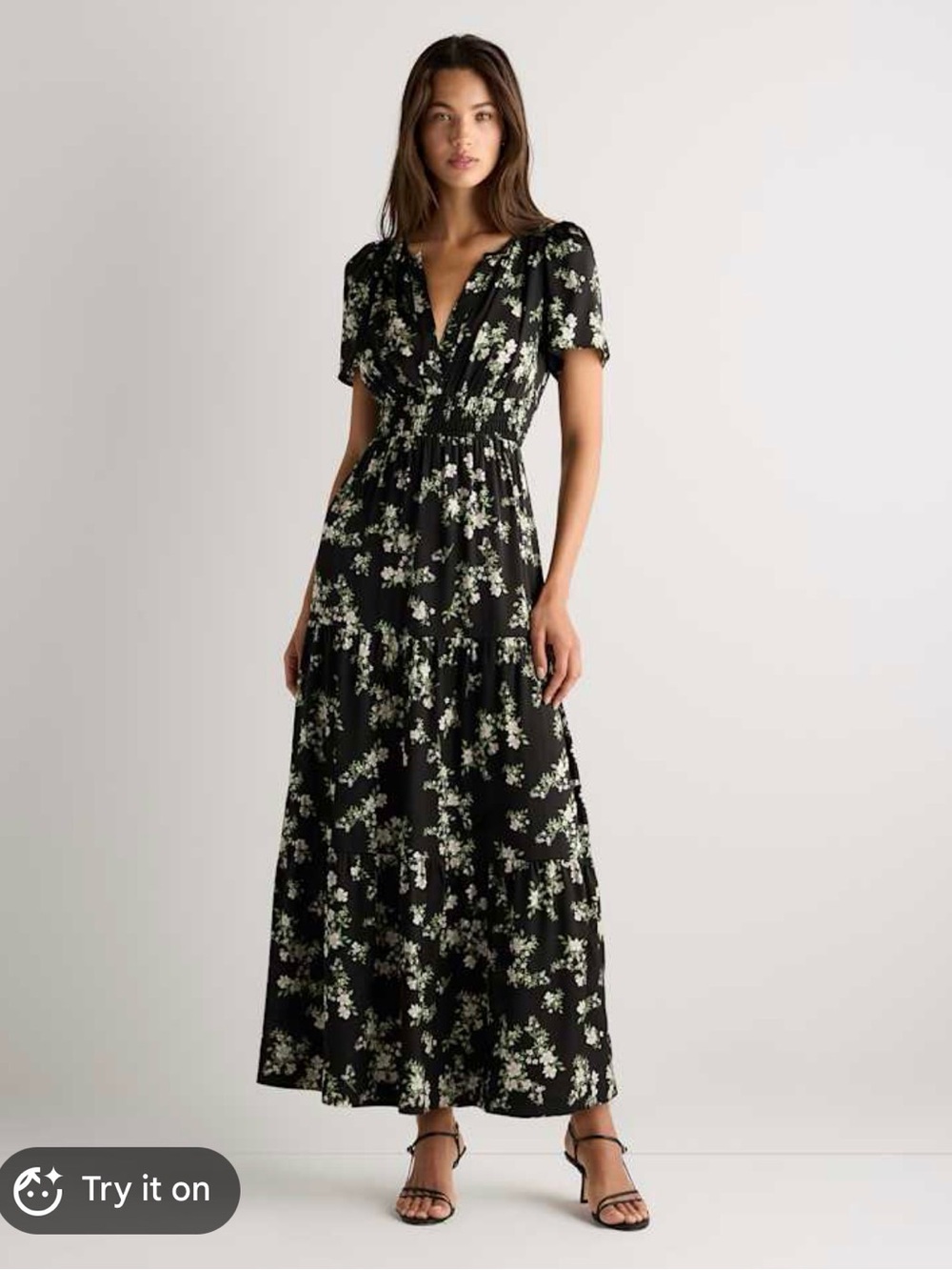 NWT Quince Washable Stretch Silk Tiered Maxi Dress Black Pink Floral Size S